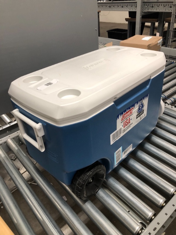 Photo 3 of *USED*
*MISSING screws, SEE last picture*
Coleman Rolling Cooler | 62 Quart Xtreme 5 Day Cooler with Wheels | Wheeled Hard Cooler Keeps Ice Up to 5 Days, Blue
