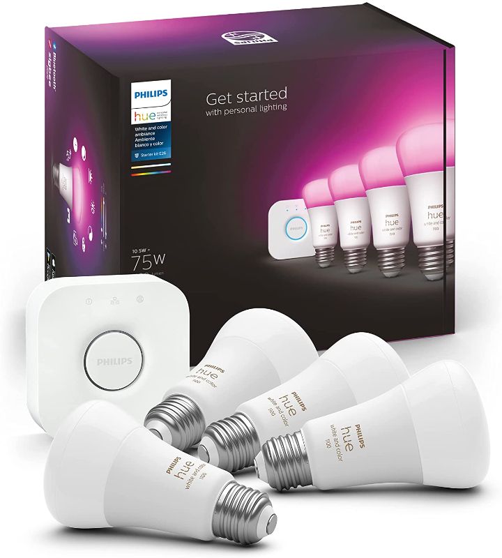 Photo 1 of *MISSING plug add-on piece*
Philips Hue A19 LED Color Smart Bulb Starter Kit (75W 2021 Version), Compatible with Alexa, Apple HomeKit & Google Assistant, White and Color Ambiance (16 Million Colors), 4 Bulbs
