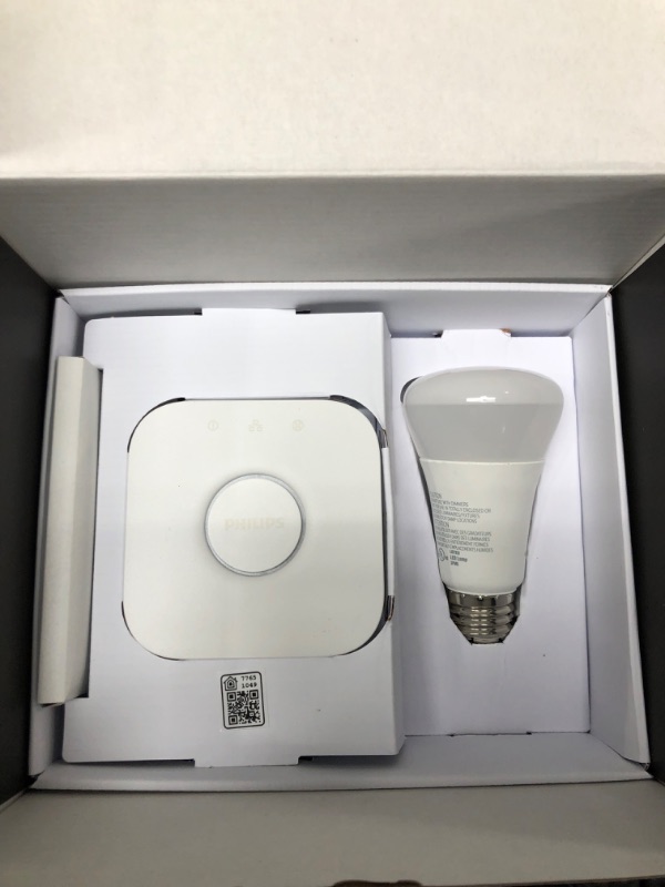 Photo 1 of *MISSING plug add-on piece*
Philips Hue A19 LED Color Smart Bulb Starter Kit (75W 2021 Version), Compatible with Alexa, Apple HomeKit & Google Assistant, White and Color Ambiance (16 Million Colors), 4 Bulbs

