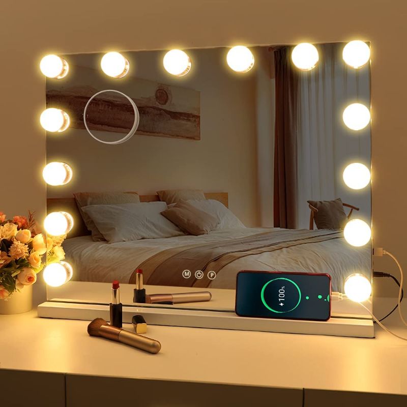 Photo 1 of *MISSING hardware* 
FENCHILIN Vanity Mirror with Lights, Hollywood Lighted Makeup Mirror with 14 Dimmable LED Bulbs for Dressing Room & Bedroom, Tabletop or Wall-Mounted, Slim Metal Frame Design (White)
