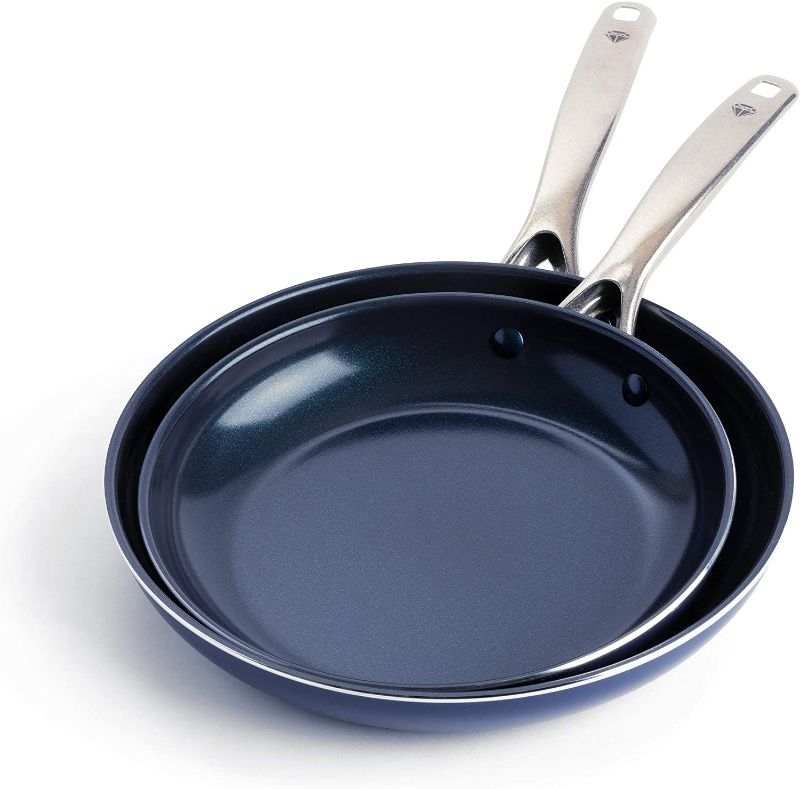 Photo 1 of *USED*
Blue Diamond Cookware Diamond Infused Ceramic Nonstick 9" and 11" Frying Pan Skillet Set, PFAS-Free, Dishwasher Safe, Oven Safe, Blue
