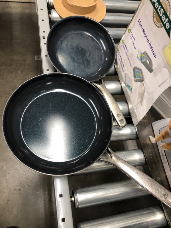 Photo 2 of *USED*
Blue Diamond Cookware Diamond Infused Ceramic Nonstick 9" and 11" Frying Pan Skillet Set, PFAS-Free, Dishwasher Safe, Oven Safe, Blue
