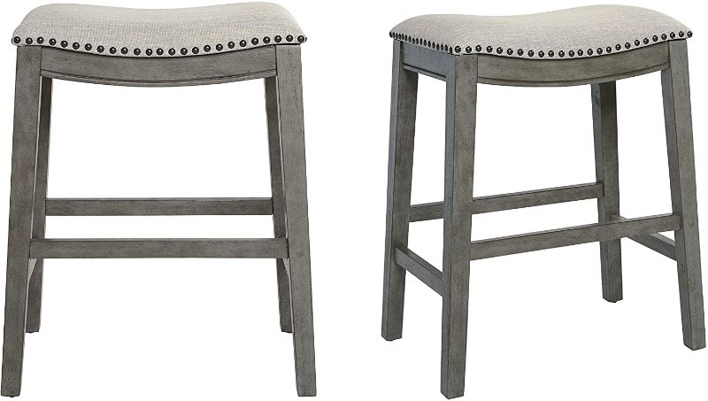 Photo 1 of *MISSING manual and hardware* 
OSP Home Furnishings Saddle Stool with Antique Grey Base, 24-Inch, Grey Fabric, 14"D x 19.75"W x 24.75"H

