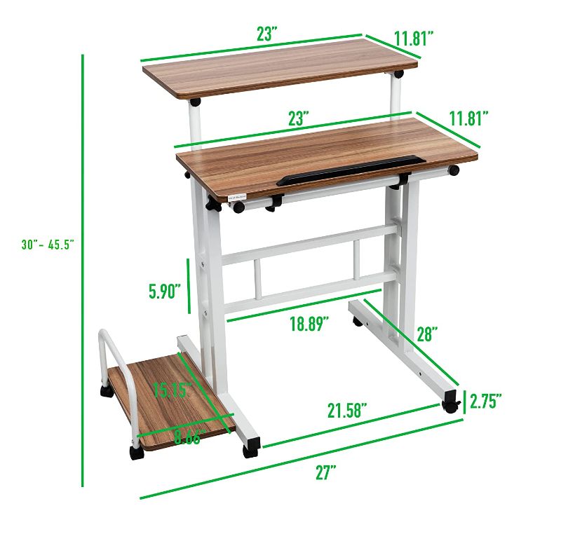 Photo 1 of Mind Reader Mobile Sitting Standing Desk Rolling Reversible Home Office Laptop Workstation with Side Storage, Locking Wheels, Large, Oak
28"D x 27"W x 51"H
