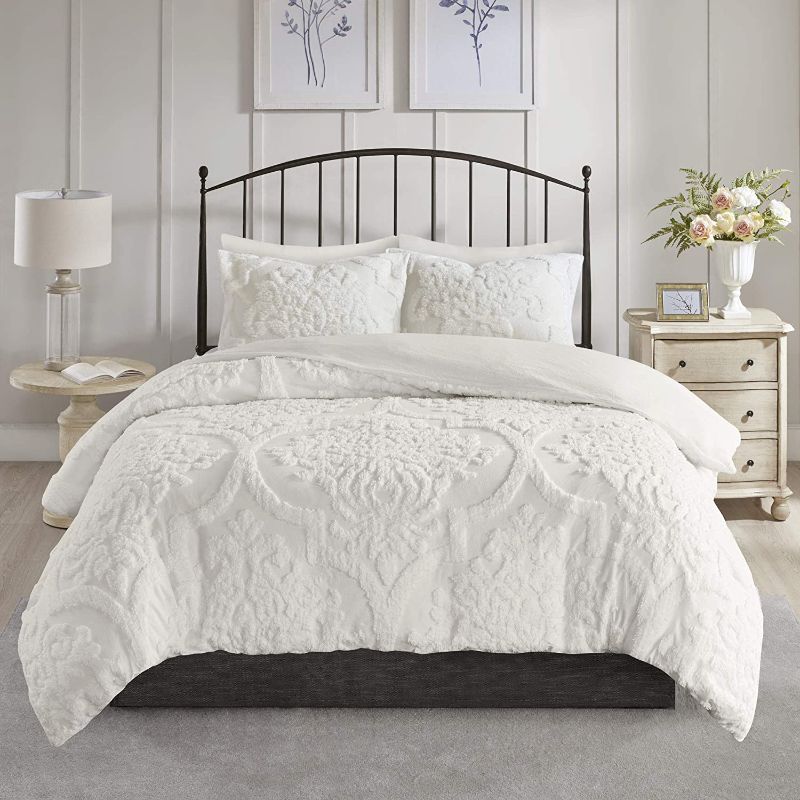 Photo 1 of Madison Park Tufted Chenille 100% Cotton Duvet- Modern Luxe All Season Comforter Cover Bed Set with Matching Shams, Viola, Damask Off White King/Cal King(104"x92") 3 Piece