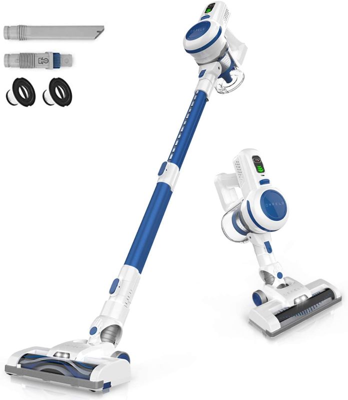 Photo 1 of ORFELD Cordless Vacuum, 20000Pa Stick Vacuum 6 in 1, Long Runtime, Lightweight & Ultra-Quiet for Hard Floor Carpet Pet Car Cleaning Blue & White

**powers on, dirty from prior usage**