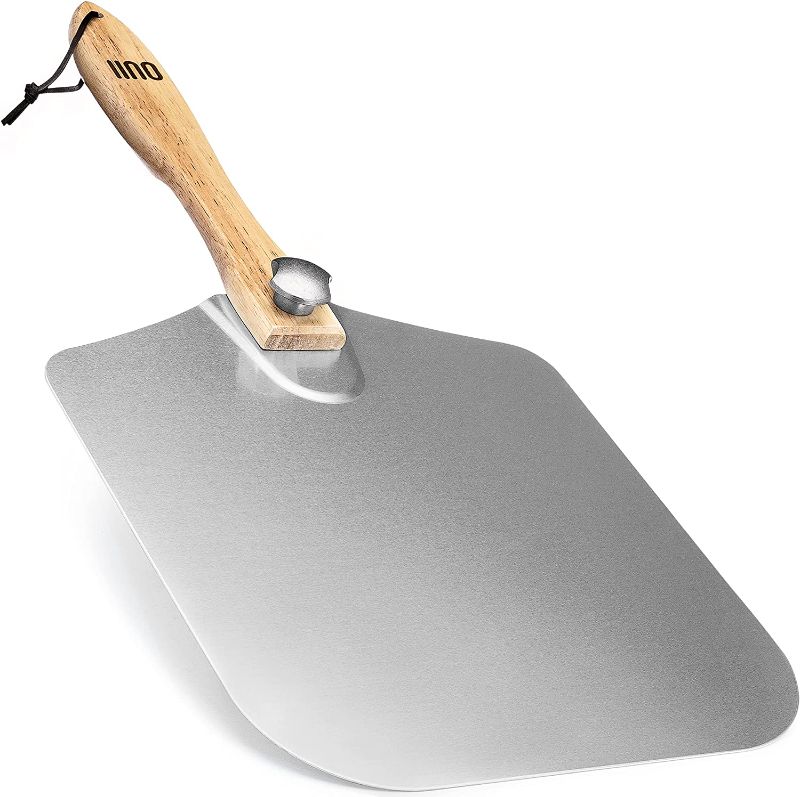 Photo 1 of OUII Pizza Peel Metal - 12 x 14 inch Aluminum Pizza Spatula with Foldable Wood Handle. Pizza Oven Accessories and Pizza Tools. Pizza Spatula Paddle