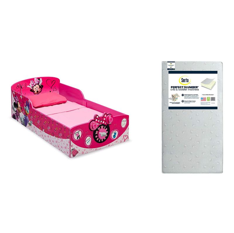 Photo 1 of Delta Children Interactive Wood Toddler Bed, Disney Minnie Mouse + Serta Perfect Slumber Dual Sided Recycled Fiber Core Toddler Mattress (Bundle)