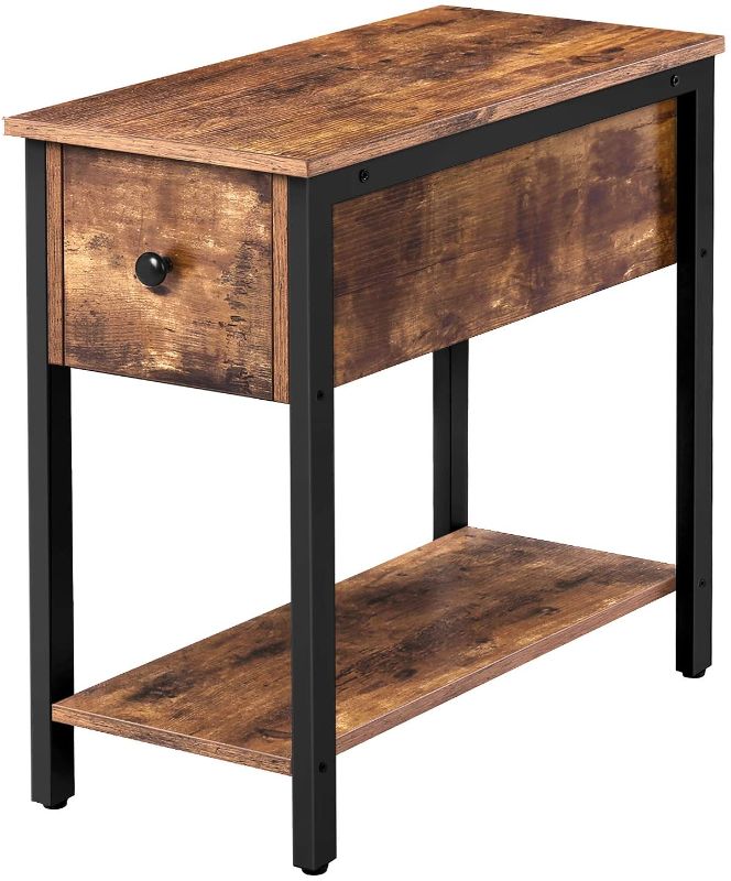 Photo 1 of HOOBRO Side Table, 2-Tier Nightstand with Drawer, Narrow End Table for Small Spaces, Stable and Sturdy Construction, Wood Look Accent Furniture with Metal Frame, Rustic Brown and Black BF04BZ01