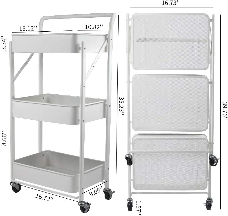Photo 1 of **STOCK PHOTO FOR REFRENCE ONLY, ITEM IS BLACK**
totolot 3-Tier Collapsible Rolling Utility Cart with Lockable Caster Wheels, Metal Storage Cart for Classroom, Office, Bathroom