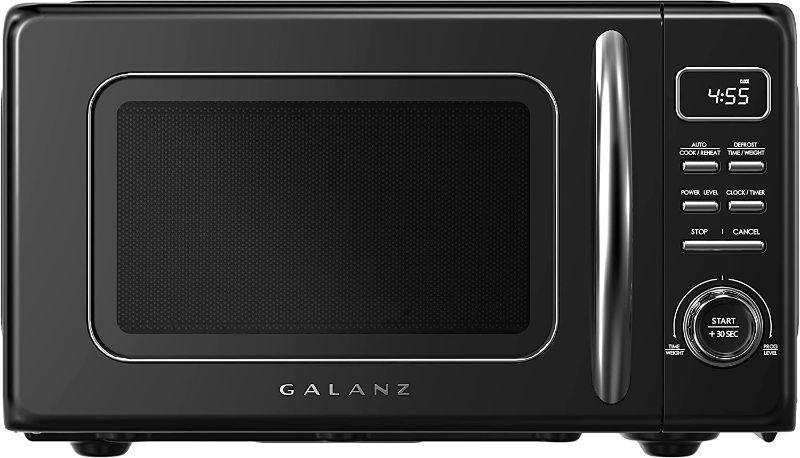 Photo 1 of **PREVIOUSLY FELL ON REART LEFT CORNER AND HAS A DENT** 
Galanz GLCMKZ09BKR09 Retro Countertop Microwave Oven with Auto Cook & Reheat, Defrost, Quick Start Functions, Easy Clean with Glass Turntable, Pull Handle, 0.9 cu ft, Black

