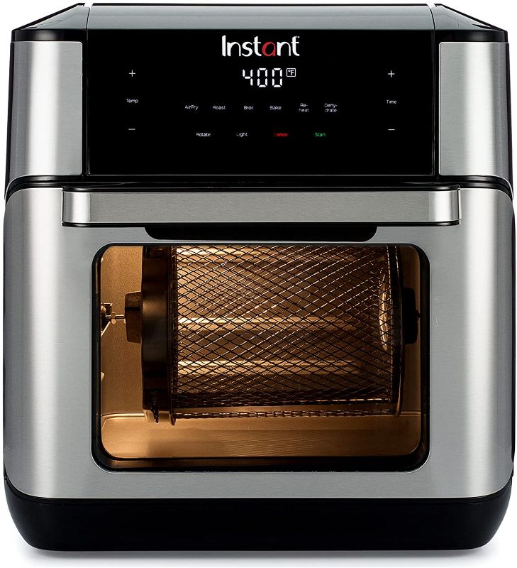 Photo 1 of **BROKEN/CHIPPED PIECE ON REAR RIGHT CORNER**
Instant Vortex Plus 10 Quart Air Fryer, Rotisserie and Convection Oven, Air Fry, Roast, Bake, Dehydrate and Warm, 1500W, Stainless Steel and Black
