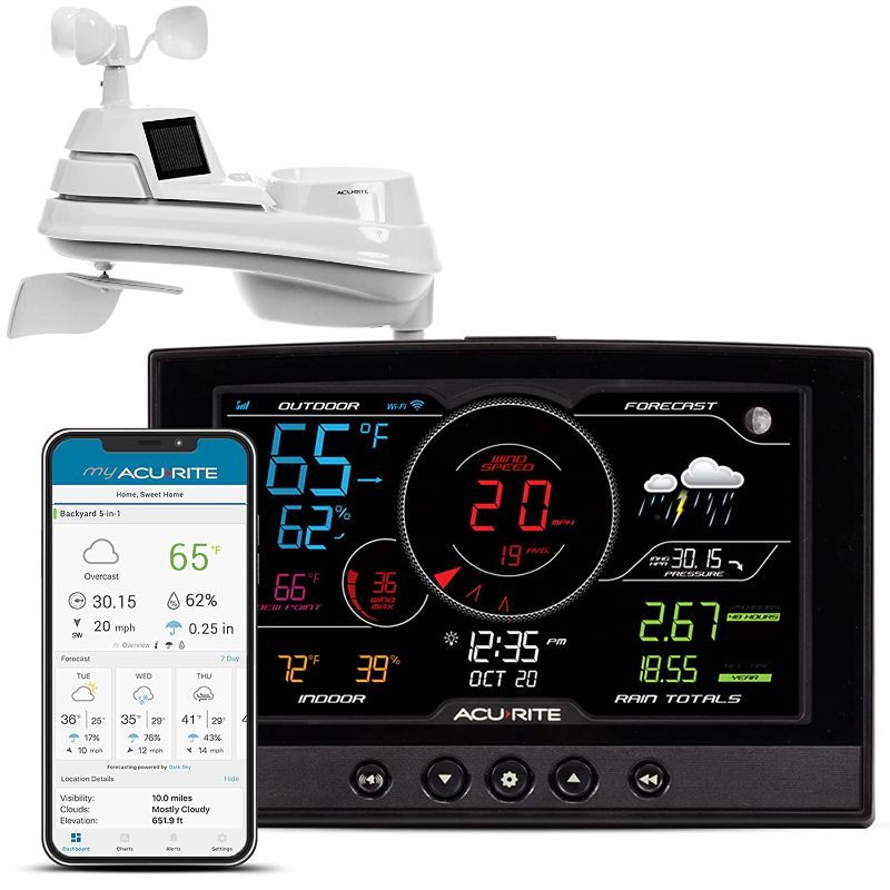 Photo 1 of AcuRite Iris (5-in-1) Weather Station Display, Remote Monitoring of Temperature, Humidity, and Wind Speed/Direction (01544M) Wi-Fi Connection for Home (01544), Black
