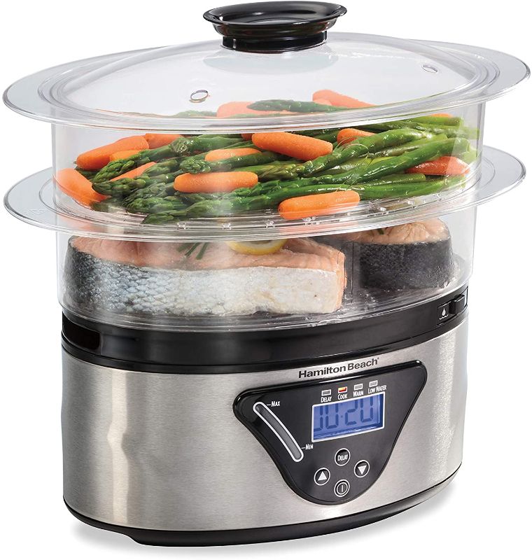 Photo 1 of **WITHOUT MANUAL**
Hamilton Beach Digital Food Steamer for Quick, Healthy Cooking with Stackable Two-Tier Bowls for Vegetables and Seafood Plus Rice Basket, 5.5 Quart, Black & Stainless Steel
