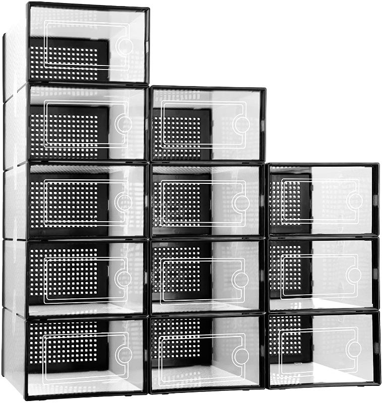Photo 1 of **COMPLETE FULL SET**
Clear Plastic Stackable Shoe Storage Boxes for Closet Black, Kuject Shoe Organizer Storage Bins with Drawers, Clothes Under Bed Shoe Storage Containers For Entryway, Closet Floor, Drop Front, Cubby
