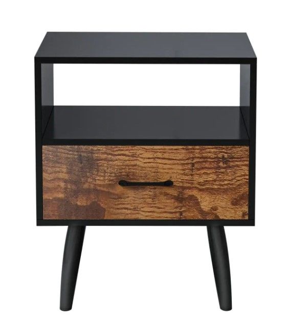 Photo 1 of 
FUFU&GAGA 1-Drawer Black Wood Nightstand With Open Shelf and Solid Wood Legs, Side Table Bedside Table 23.6"H x 19.7"W x 15.7"D