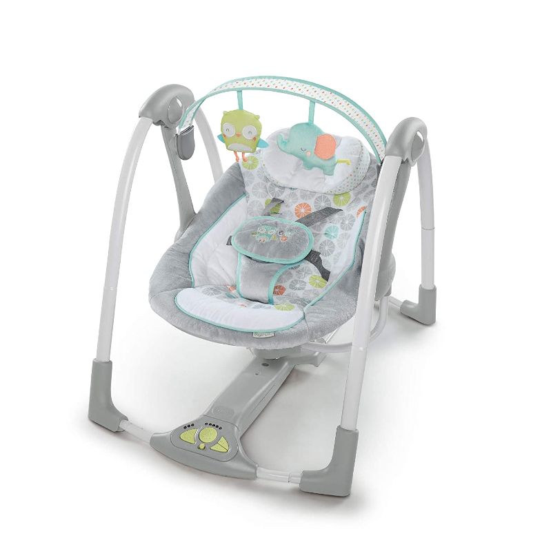 Photo 1 of **MISSING HARDWARE**Ingenuity Swing 'n Go Portable Baby Swing - Hugs & Hoots - with Battery-Saving Technology
