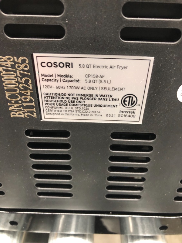 Photo 6 of *USED*
COSORI Air Fryer Oven Combo 5.8QT Max Xl Large Cooker (Cookbook with 100 Recipes), One-Touch Screen with 11 Precise Presets and Shake Reminder, Nonstick and Dishwasher-Safe Square Design Basket, Black
