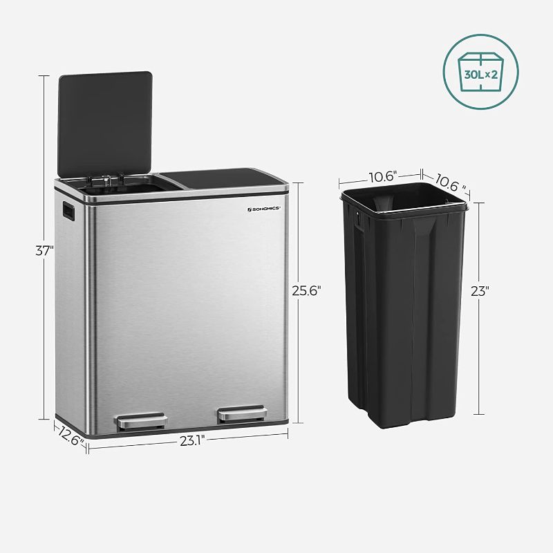 Photo 1 of *USED*
*lids need to be reattached*
SONGMICS Dual Trash Garbage Can, 16 Gal (60L) Rubbish Bin and 15 Trash Bags, Metal Step Bin, with Dual Sections, Plastic Inner Buckets, Hinged Lids, Handles, Soft Closure, Silver ULTB60NL
