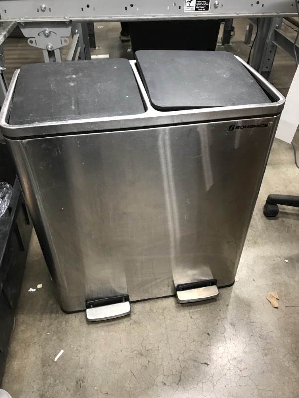 Photo 2 of *USED*
*lids need to be reattached*
SONGMICS Dual Trash Garbage Can, 16 Gal (60L) Rubbish Bin and 15 Trash Bags, Metal Step Bin, with Dual Sections, Plastic Inner Buckets, Hinged Lids, Handles, Soft Closure, Silver ULTB60NL
