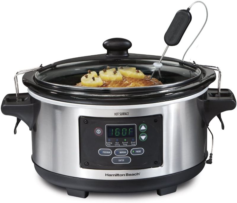 Photo 1 of *possibly USED*
*MISSING temp probe* 
Hamilton Beach Portable 6-Quart Set & Forget Digital Programmable Slow Cooker With Temperature Probe, Lid Lock, Stainless Steel (33969A)