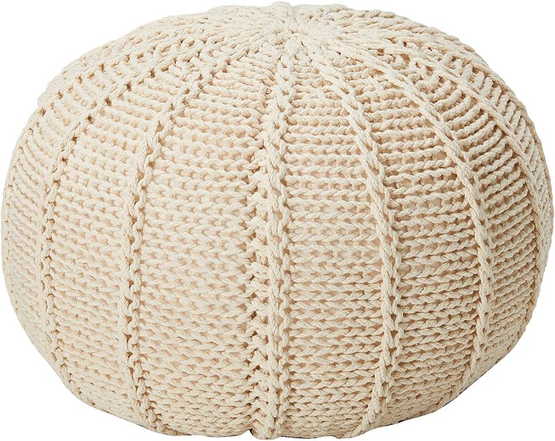 Photo 1 of *SEE last picture for damage*
Christopher Knight Home Agatha Knitted Cotton Pouf, Beige, 19.5"D x 19.5"W x 12.75"H

