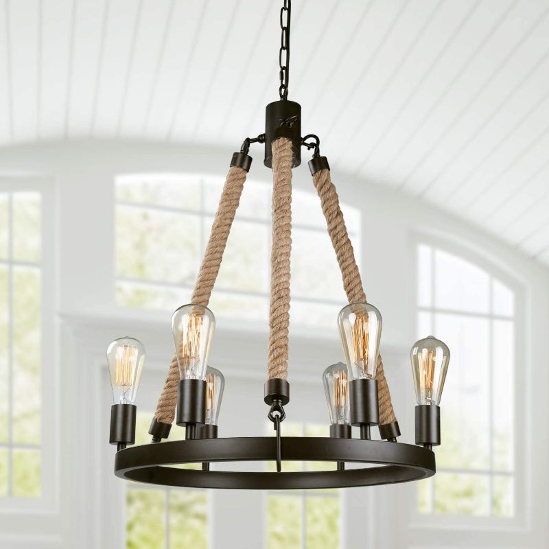 Photo 1 of  Chandeliers Rustic Round Wagon Wheel 6-Light Fixture with Rope for Dining & Living Room, Bedroom and Foyer