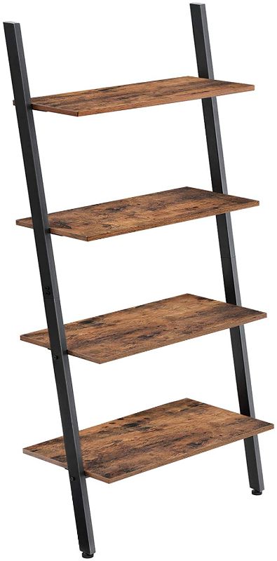 Photo 1 of **INCOMPLETE** VASAGLE Industrial Ladder Shelf, 4-Tier Bookshelf, Storage Rack Shelves, for Living Room, Kitchen, Office, Iron, Stable, Sloping, Leaning Against The Wall, Rustic Brown