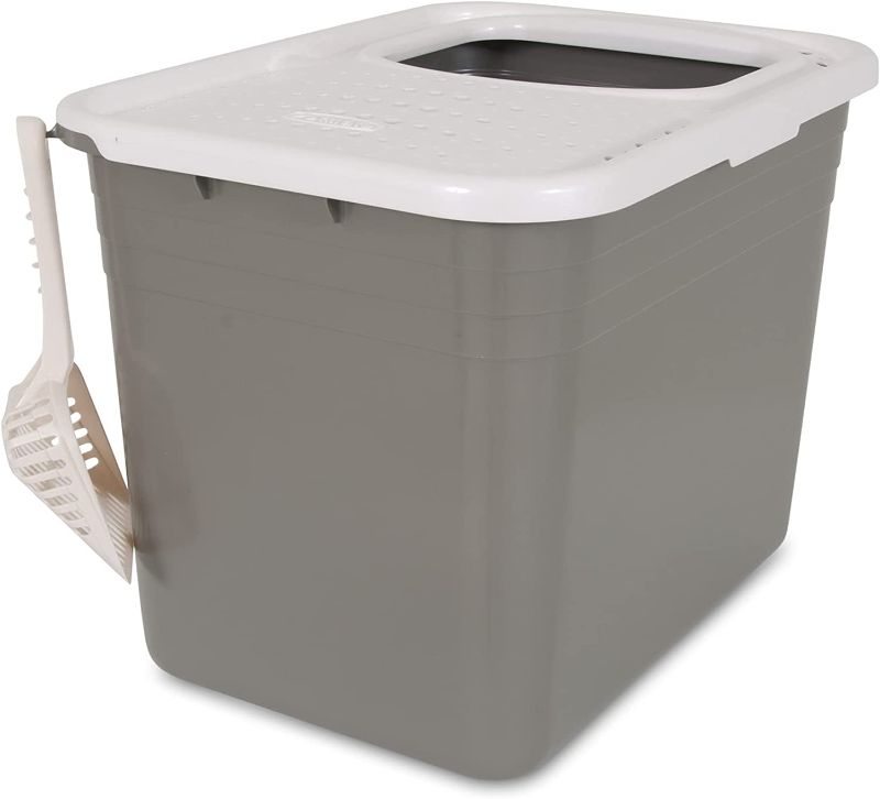 Photo 1 of **MISSING SCOOP**
Petmate Top Entry Litter Cat Litter Box With Filter Lid To Clean Paws; Brushed Nickel/Pearl White
