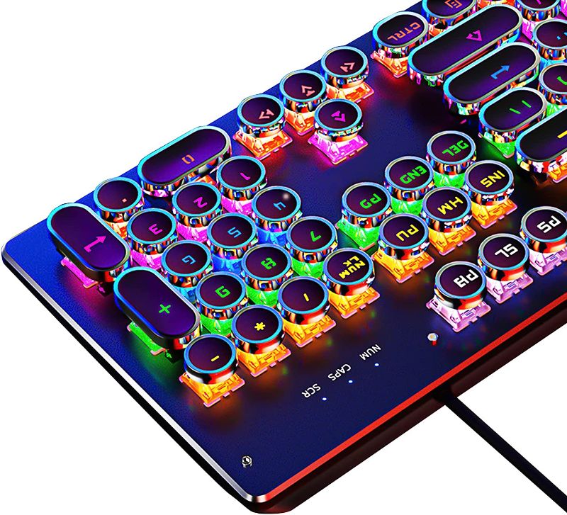 Photo 1 of **Y KEY DOESN'T FUNCTION**SIMILAR TO STOCK PHOTO**
Basaltech Mechanical Light Up Keyboard with LED Backlit, Typewriter Style Gaming Keyboard with 104-Key Blue Switch Round Keycaps, Retro Steampunk Keyboard Metal Panel with Wired USB for PC/Mac/Laptop
