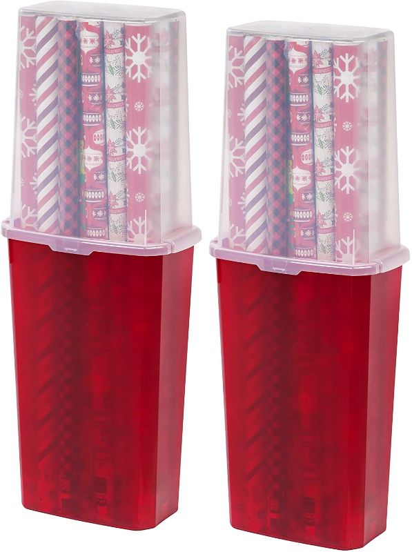 Photo 1 of **LIDS ARE BROKEN AROUND THE EDGES**
IRIS USA Holiday Storage-Bin Vertical Wrapping Paper Box, 40-Inch, 2 Pack, Clear/Red, 2 Count
