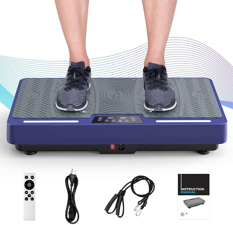 Photo 1 of **PLATE HAS MINOR CRACK**
RINKMO Vibration Plate Exercise Machine, Whole Body Workout Vibration Fitness Platform with Loop Bands LED Light Speaker, Home Fitness Training Equipment for Weight Loss Blue
