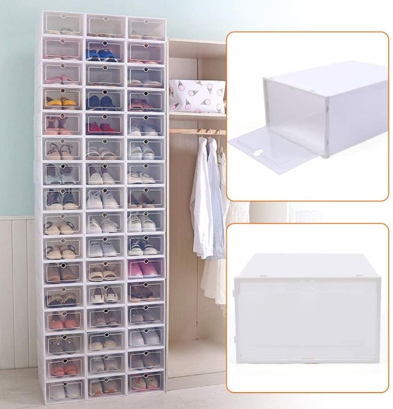 Photo 1 of **SIMILAR TO STOCK PHOTO**
20 PCS Shoe Storage Boxes,Clear Plastic Clamshell Shoebox Stackable Shoe Organizer Foldable Display Box Container Closet Shelf Shoe Organizer,Need to Assemble (BLACK Large Round Holes)
