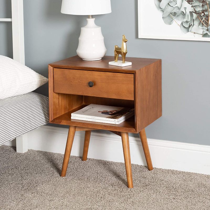 Photo 1 of *LEGS MISSING, CORNERS OF NIGHTSTAND ARE LOOSE**
*Walker Edison Mid Century Modern Wood Nightstand Side Table Bedroom Storage Drawer and Shelf Bedside End Table, 1 Drawer, Caramel
