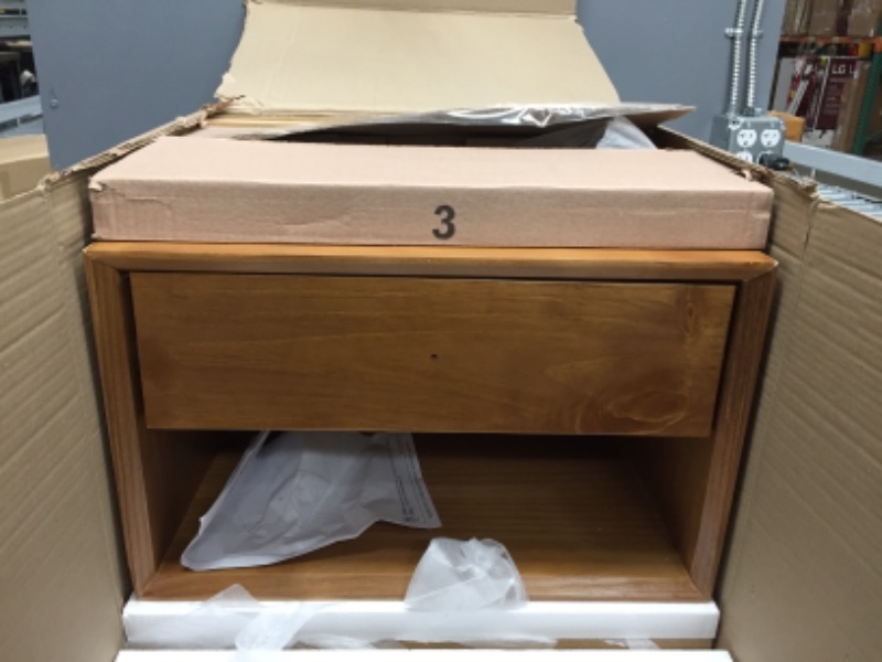 Photo 1 of *LEGS MISSING, CORNERS OF NIGHTSTAND ARE LOOSE**
*Walker Edison Mid Century Modern Wood Nightstand Side Table Bedroom Storage Drawer and Shelf Bedside End Table, 1 Drawer, Caramel
