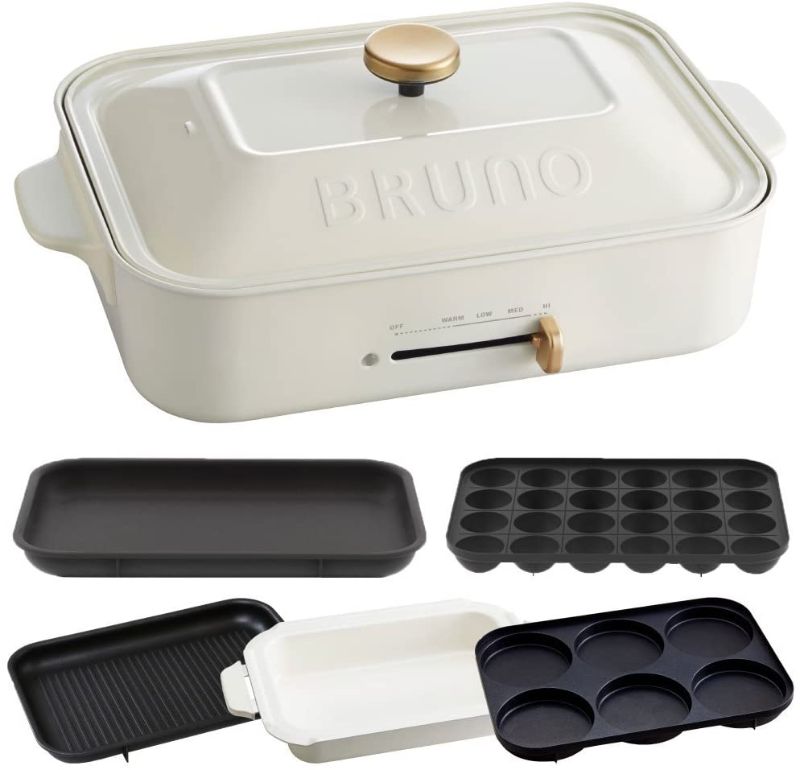 Photo 1 of **ONE HANDLE IS BROKEN**  ***PARTS ONLY***
BRUNO Compact hot plate + ceramic coated pan + grill plate + multi-plate 4-piece set (white)
