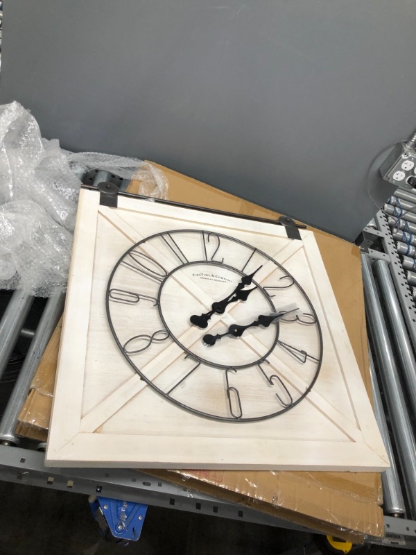 Photo 2 of **CLOCK HANDS NEED TO BE ADJUSTED**
FirsTime & Co. Farmstead Barn Door Wall Clock, 29"H x 27"W, Whitewash, Metallic Gray, Black
