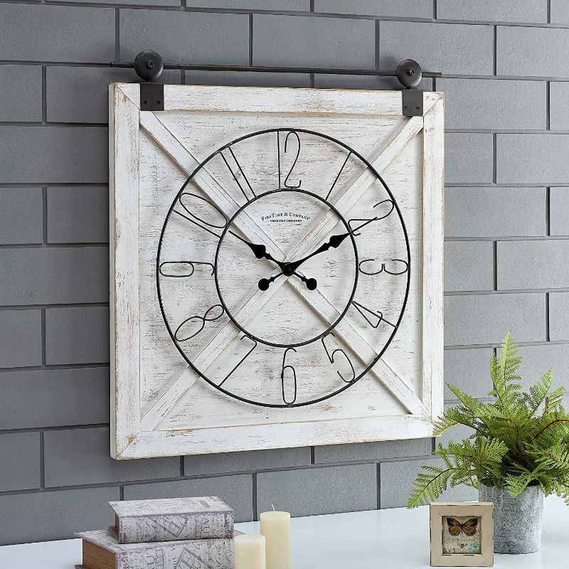 Photo 1 of **CLOCK HANDS NEED TO BE ADJUSTED**
FirsTime & Co. Farmstead Barn Door Wall Clock, 29"H x 27"W, Whitewash, Metallic Gray, Black
