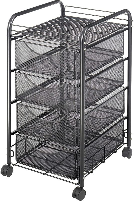 Photo 1 of **MISSING HARDWARE**
Safco Products Onyx Mesh 4 Drawer Rolling File Cart 5214BL, Black Powder Coat Finish, Durable Steel Mesh Construction, Swivel Wheels For Mobility
