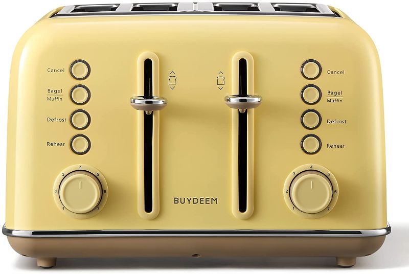 Photo 1 of **ONE TOAST HOLDER IS DAMAGED**
BUYDEEM DT-640 4-Slice Toaster, Extra Wide Slots, Retro Stainless Steel with High Lift Lever, Bagel and Muffin Function, Removal Crumb Tray, 7-Shade Settings (Mellow Yellow)
