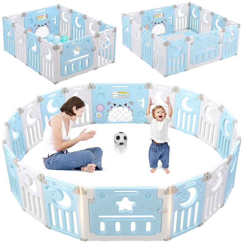 Photo 1 of Baby Playpen, Dripex 14-Panel Upgrade New Clips Design Foldable Kids Activity Centre Safety Play Yard Extendable Baby Fence Play Pen with Gate (Blue+White)
