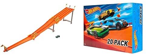 Photo 1 of Hot Wheels 4-Lane Race with Fair-Start Launcher and Checkered Flag [Amazon Exclusive] & 20 Car Gift Pack (Styles May Vary), Multicolor, 7.6" T
