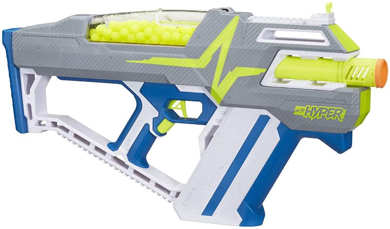 Photo 1 of ** UNKNOWN IF FUNCTIONAL** NERF Hyper Mach-100 Fully Motorized Blaster, 80 Hyper Rounds, Eyewear, Up to 110 FPS Velocity, Easy Reload, Holds Up to 100 Rounds
