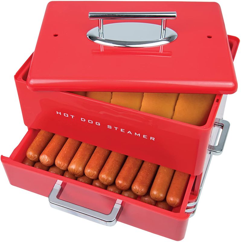 Photo 1 of **DID NOT TURN ON** Nostalgia Extra Large Diner-Style Steamer 20 Hot Dogs and 6 Bun Capacity, Perfect for Breakfast Sausages, Brats, Vegetables, Fish-Red
