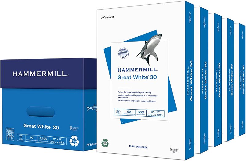 Photo 1 of Hammermill Printer Paper, Great White 30% Recycled Paper, 11 x 17-5 Ream (2,500 Sheets) - 92 Bright, Made in the USA, 086750C
