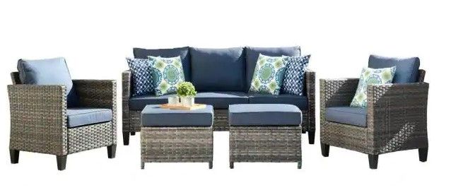 Photo 1 of *box 2 of 2, NOT COMPLETE*
XIZZI Megon Holly Gray 5-Piece Wicker Outdoor Patio Conversation Seating Sofa Set with Denim Blue Cushions