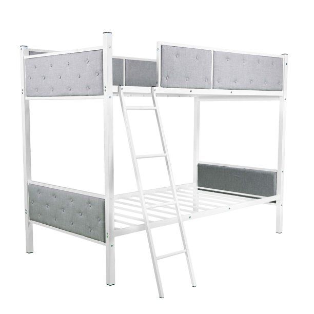 Photo 1 of *box 1 of 2, NOT COMPLETE*
JUMPER Metal Bed Frame Twin over Twin Bunk Bed with Upholstered Safety Rail and Ladders, Light Gray (77.16"L x 41.33"W x 61.41"H)
