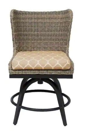 Photo 1 of *Missing Cushions*Hazelhurst Brown Wicker Outdoor Patio Swivel High Dining Chair with CushionGuard Toffee Trellis Tan Cushions