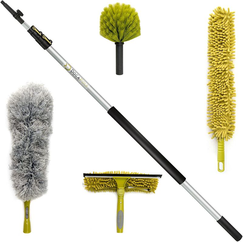 Photo 1 of **COMES WITH 3 HEADS FOR DUSTING* MISSING OTHER HEADS* DocaPole Cleaning Kit with 5-12 Foot (20 ft Reach) Telescoping Extension Pole; Includes 1 Window Squeegee & Washer, and 3 Dusting Attachments; Cobweb, Microfiber Feather, and Ceiling Fan Dusters
