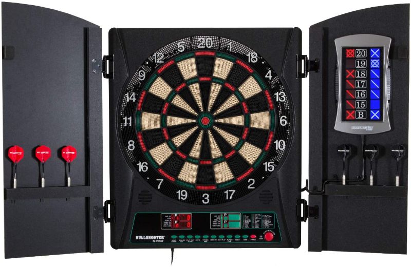 Photo 1 of **DAMAGED** Bullshooter Electronic Dart Board Cabinet Set Home Bar Game Room Playroom Wooden Cabinet Doors LCD Display for Up to Eight Players - 34 Games 183 Variations - 2 Sets of Soft Tip Darts
